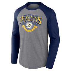 Pittsburgh Penguins Fanatics Goal Crease Raglan Tri-Blend Long Sleeve T-Shirt - Heather Gray/Heather Navy T-shirts