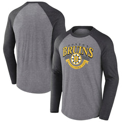 Boston Bruins Fanatics Goal Crease Raglan Tri-Blend Long Sleeve T-Shirt - Heather Gray/Heather Charcoal T-shirts