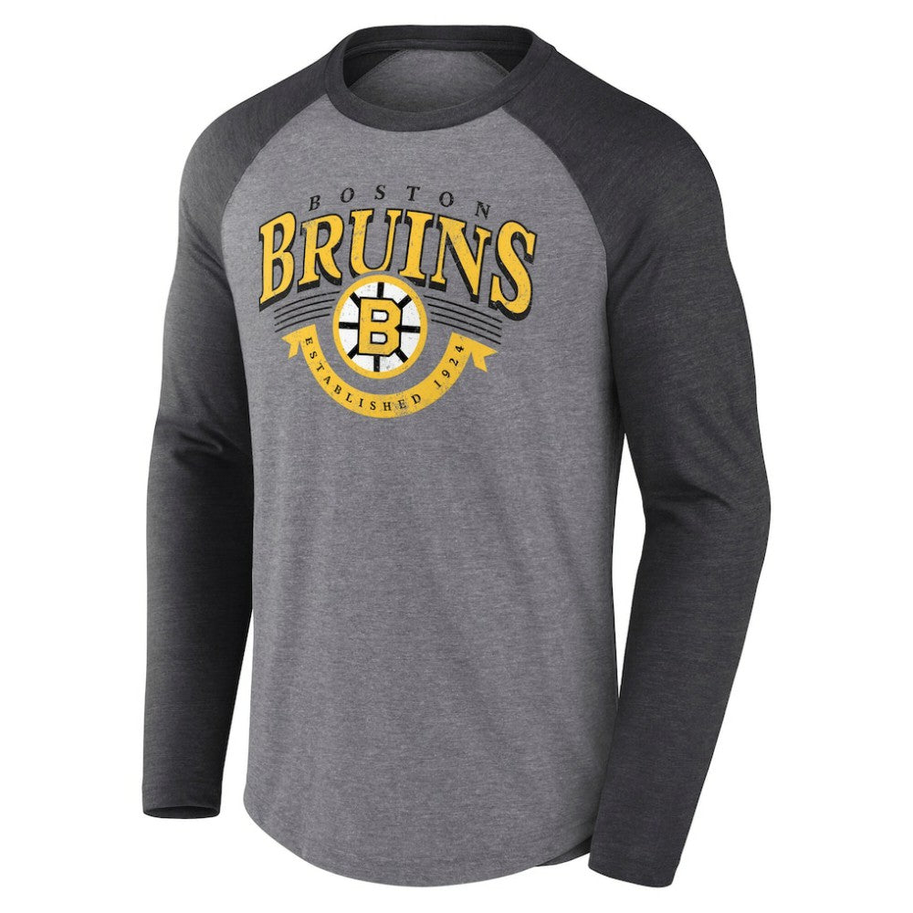 Boston Bruins Fanatics Goal Crease Raglan Tri-Blend Long Sleeve T-Shirt - Heather Gray/Heather Charcoal T-shirts