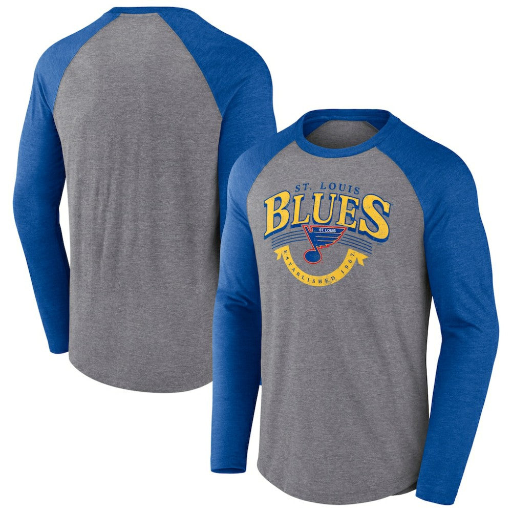 St. Louis Blues Fanatics Goal Crease Raglan Tri-Blend Long Sleeve T-Shirt - Heather Gray/Heather Blue T-shirts
