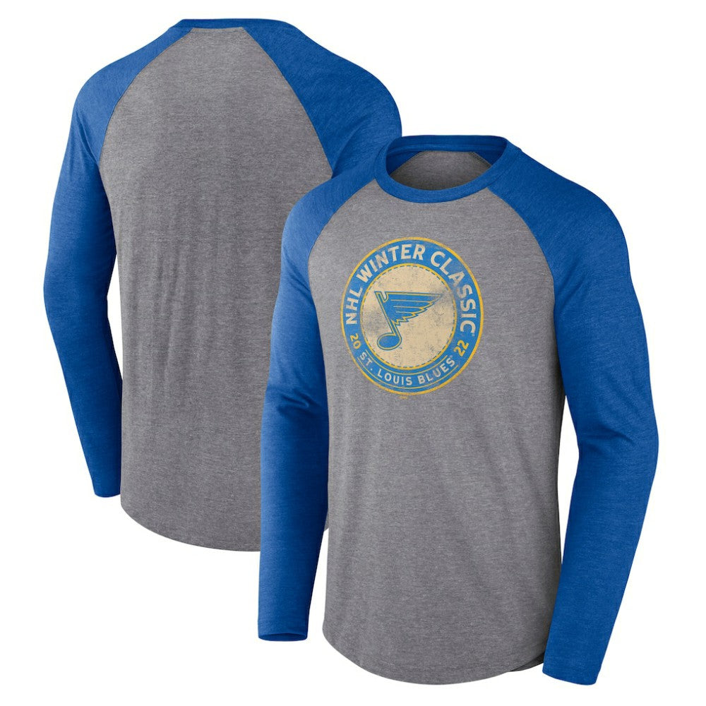 St. Louis Blues Fanatics 2022 NHL Winter Classic Vintage Distressed Raglan Tri-Blend Long Sleeve T-Shirt - Heather Gray/Heather Blue T-shirts