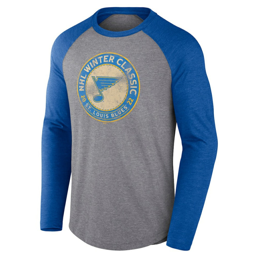 St. Louis Blues Fanatics 2022 NHL Winter Classic Vintage Distressed Raglan Tri-Blend Long Sleeve T-Shirt - Heather Gray/Heather Blue T-shirts