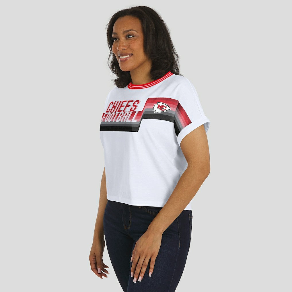 Kansas City Chiefs WEAR by Erin Andrews Women's Cropped Center Stripe Dolman T-Shirt - White sale