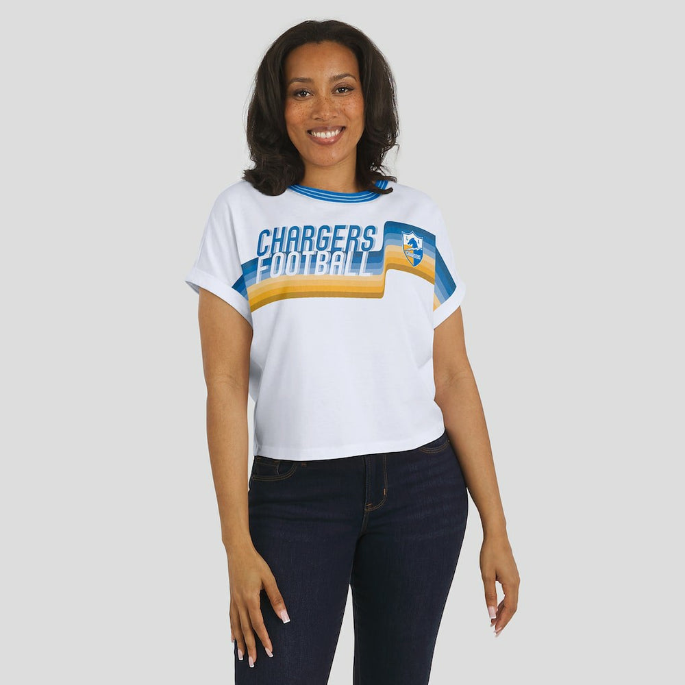 Los Angeles Chargers WEAR by Erin Andrews Women's Cropped Center Stripe Dolman T-Shirt - White outlet