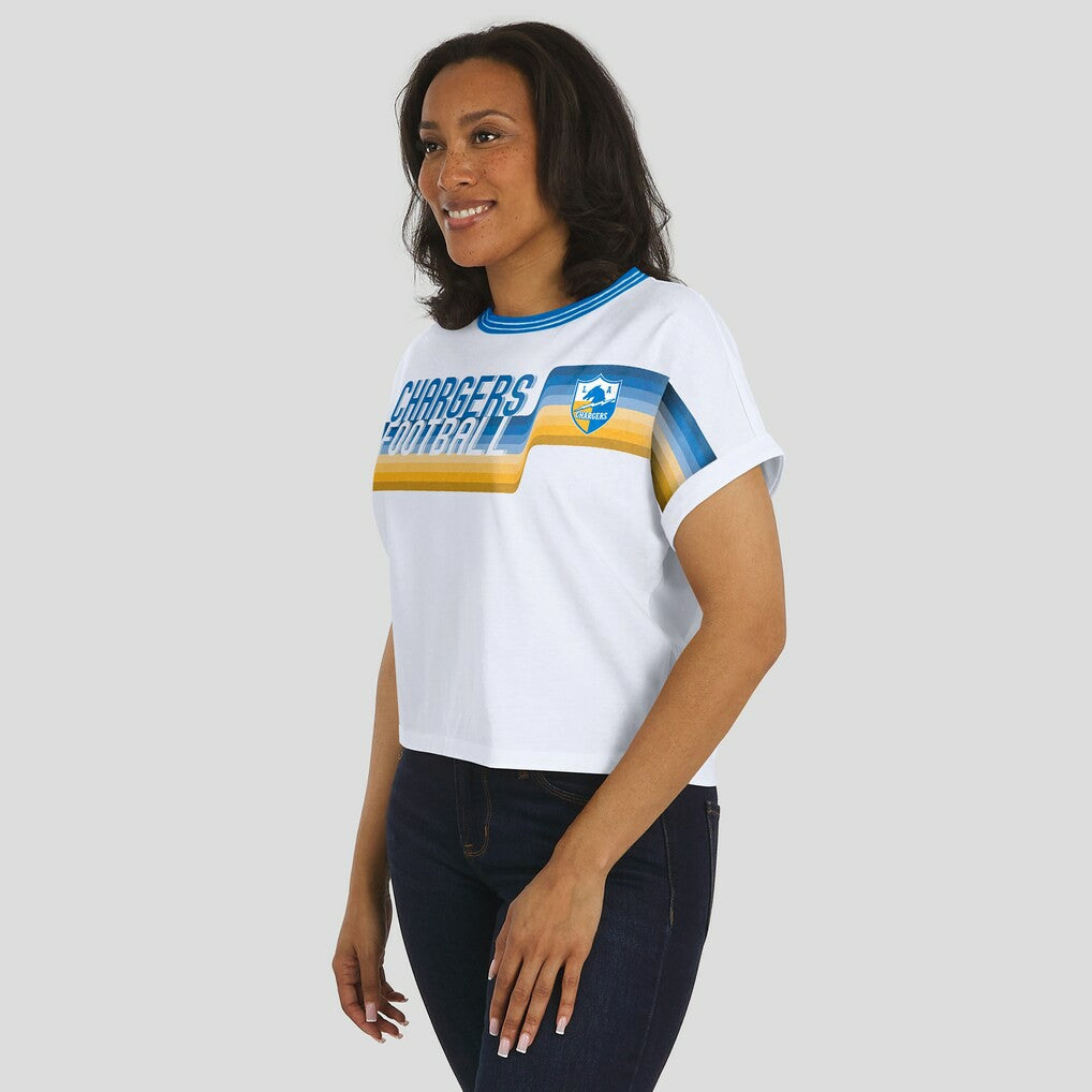 Los Angeles Chargers WEAR by Erin Andrews Women's Cropped Center Stripe Dolman T-Shirt - White outlet