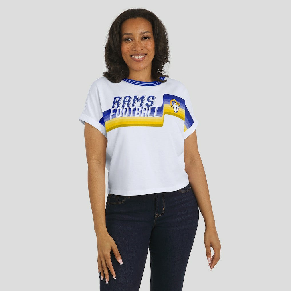Los Angeles Rams WEAR by Erin Andrews Women's Cropped Center Stripe Dolman T-Shirt - White outlet