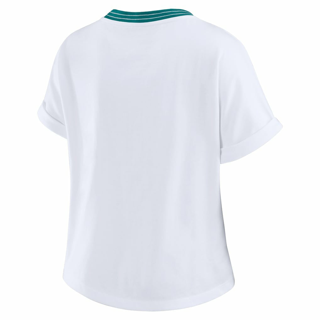 Miami Dolphins WEAR by Erin Andrews Women's Cropped Center Stripe Dolman T-Shirt - White for sale