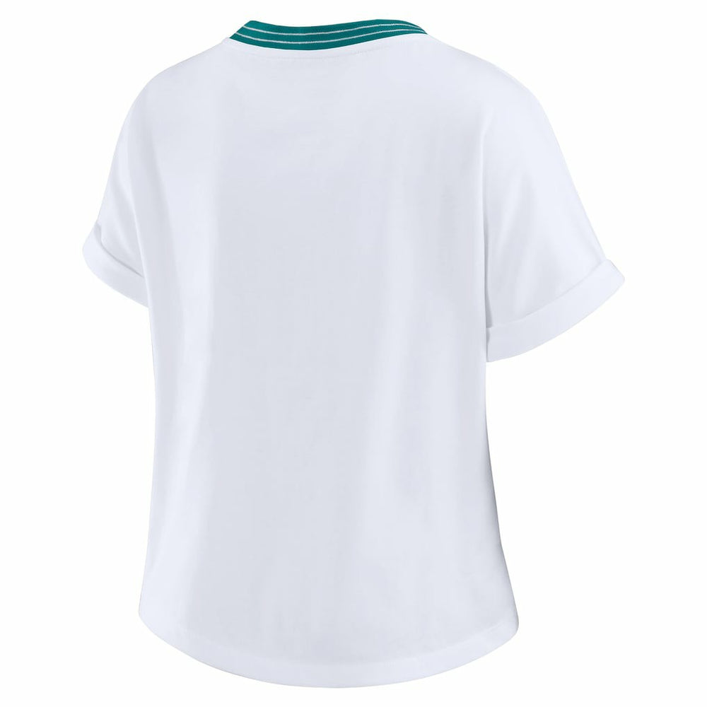 Miami Dolphins WEAR by Erin Andrews Women's Cropped Center Stripe Dolman T-Shirt - White for sale