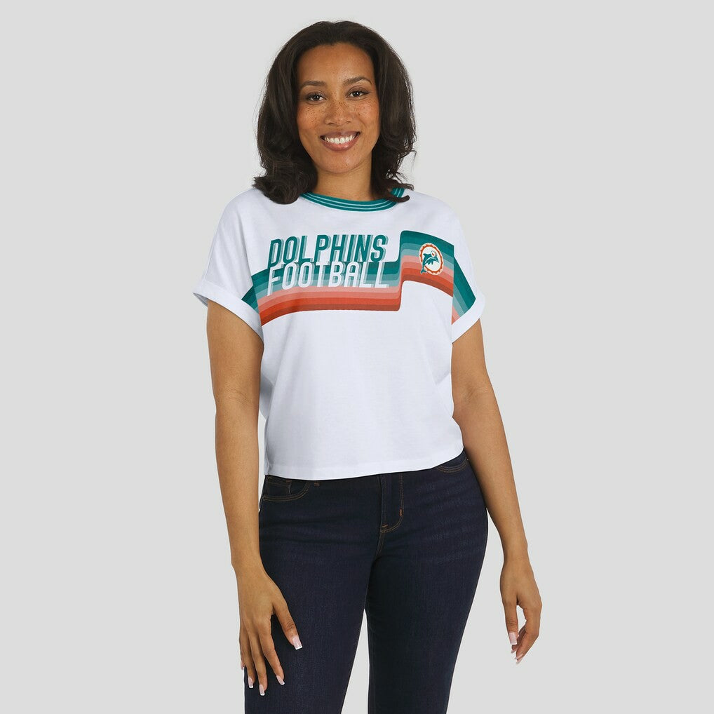Miami Dolphins WEAR by Erin Andrews Women's Cropped Center Stripe Dolman T-Shirt - White for sale