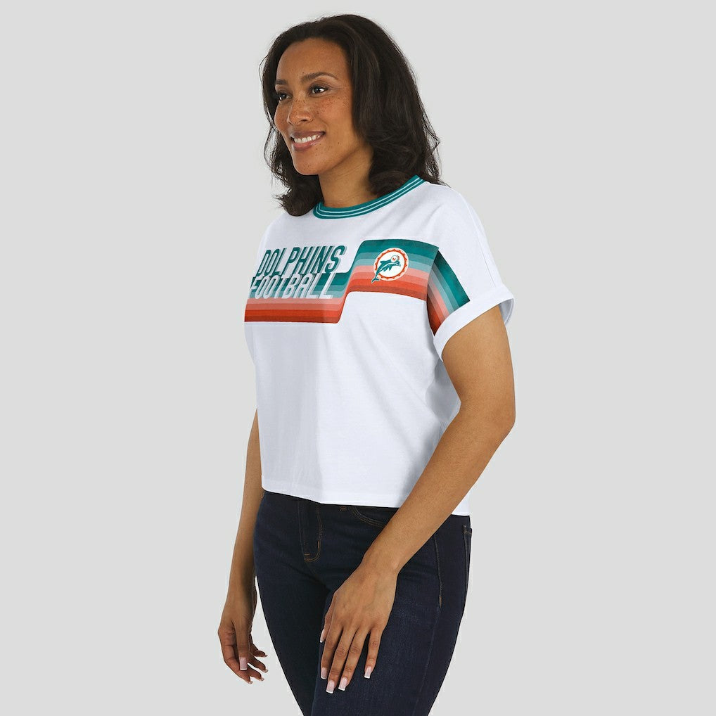 Miami Dolphins WEAR by Erin Andrews Women's Cropped Center Stripe Dolman T-Shirt - White for sale