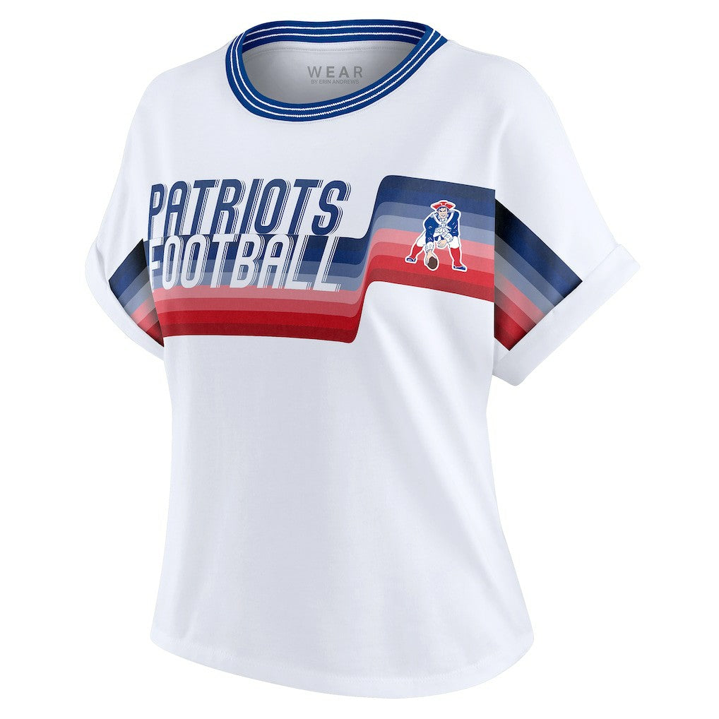 New England Patriots WEAR by Erin Andrews Women's Cropped Center Stripe Dolman T-Shirt - White for sale
