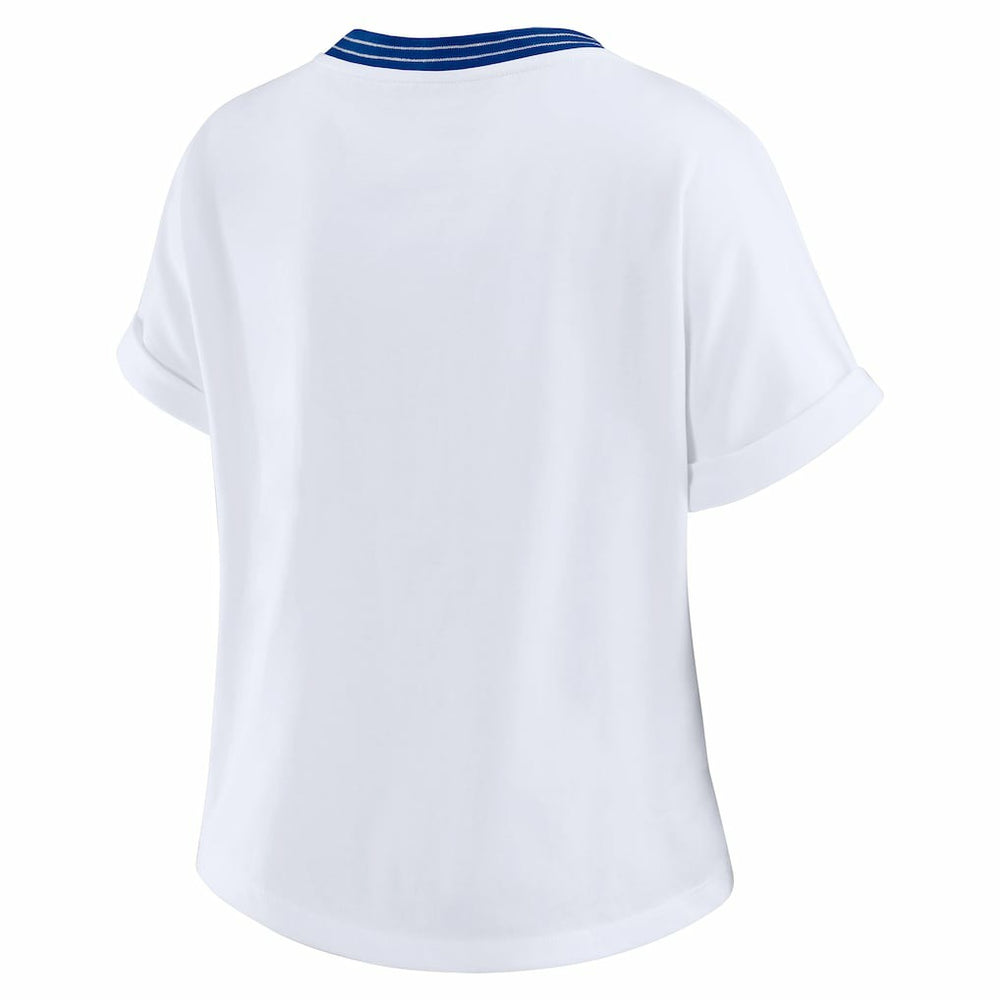New England Patriots WEAR by Erin Andrews Women's Cropped Center Stripe Dolman T-Shirt - White for sale