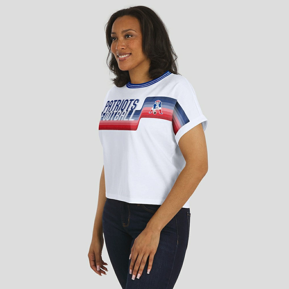 New England Patriots WEAR by Erin Andrews Women's Cropped Center Stripe Dolman T-Shirt - White for sale