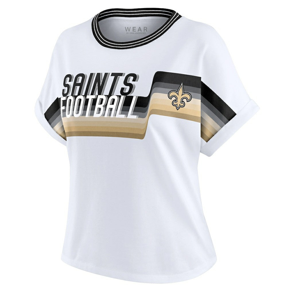 New Orleans Saints WEAR by Erin Andrews Women's Cropped Center Stripe Dolman T-Shirt - White discount
