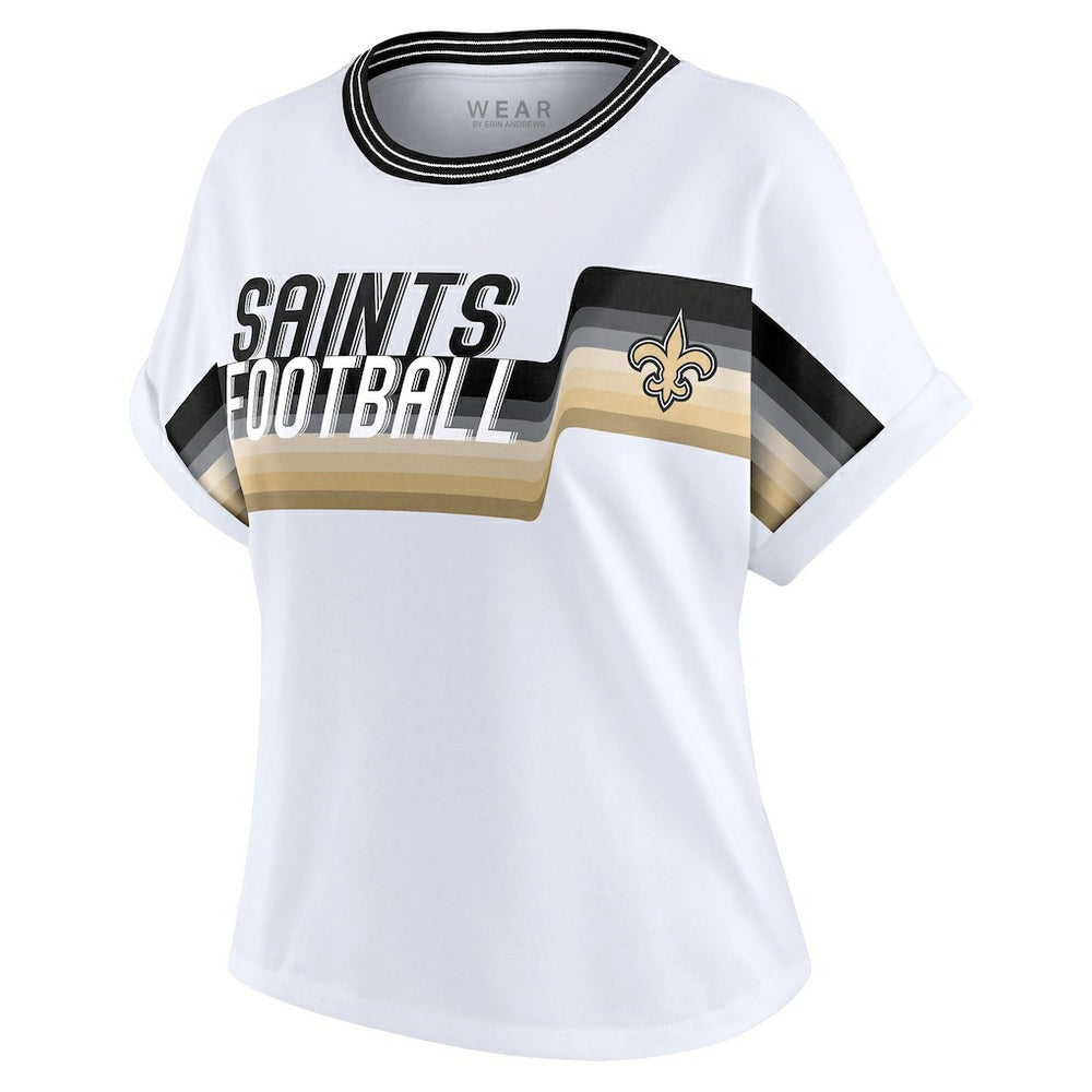 New Orleans Saints WEAR by Erin Andrews Women's Cropped Center Stripe Dolman T-Shirt - White discount