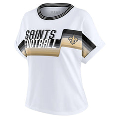 New Orleans Saints WEAR by Erin Andrews Women's Cropped Center Stripe Dolman T-Shirt - White discount