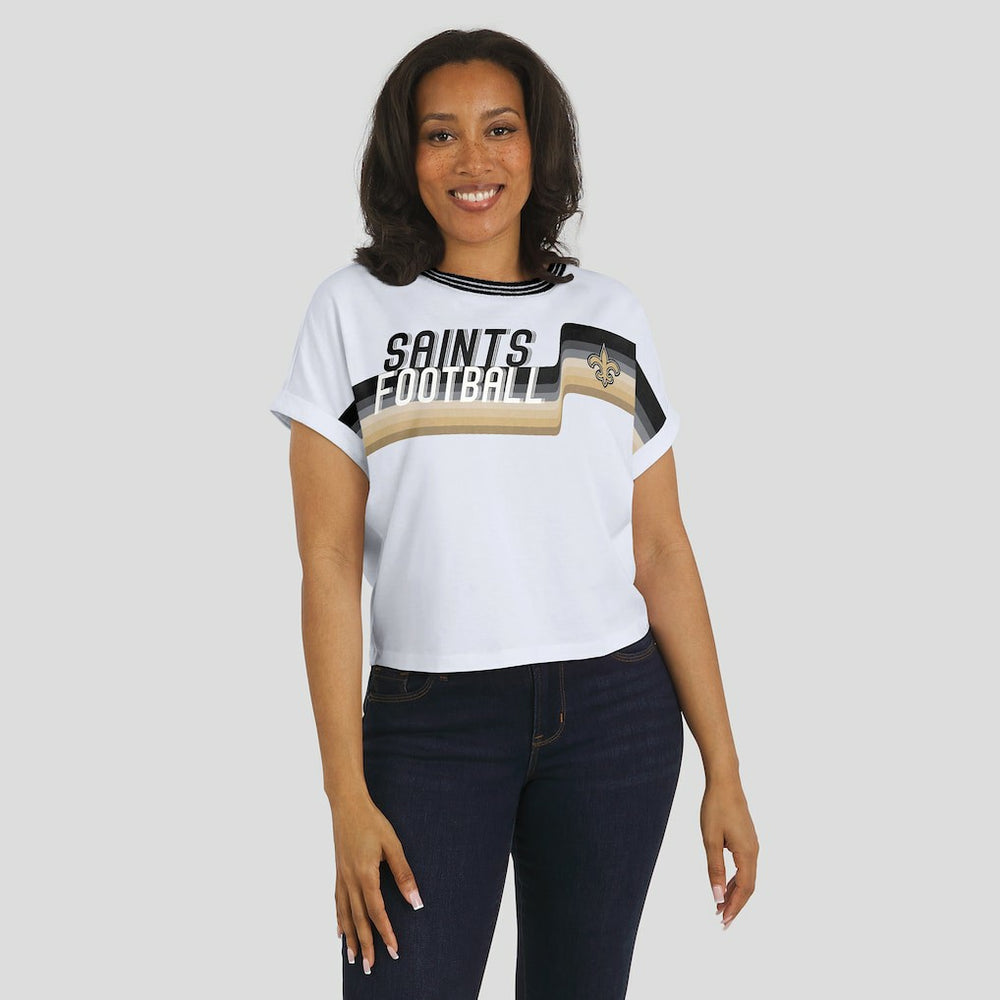 New Orleans Saints WEAR by Erin Andrews Women's Cropped Center Stripe Dolman T-Shirt - White discount