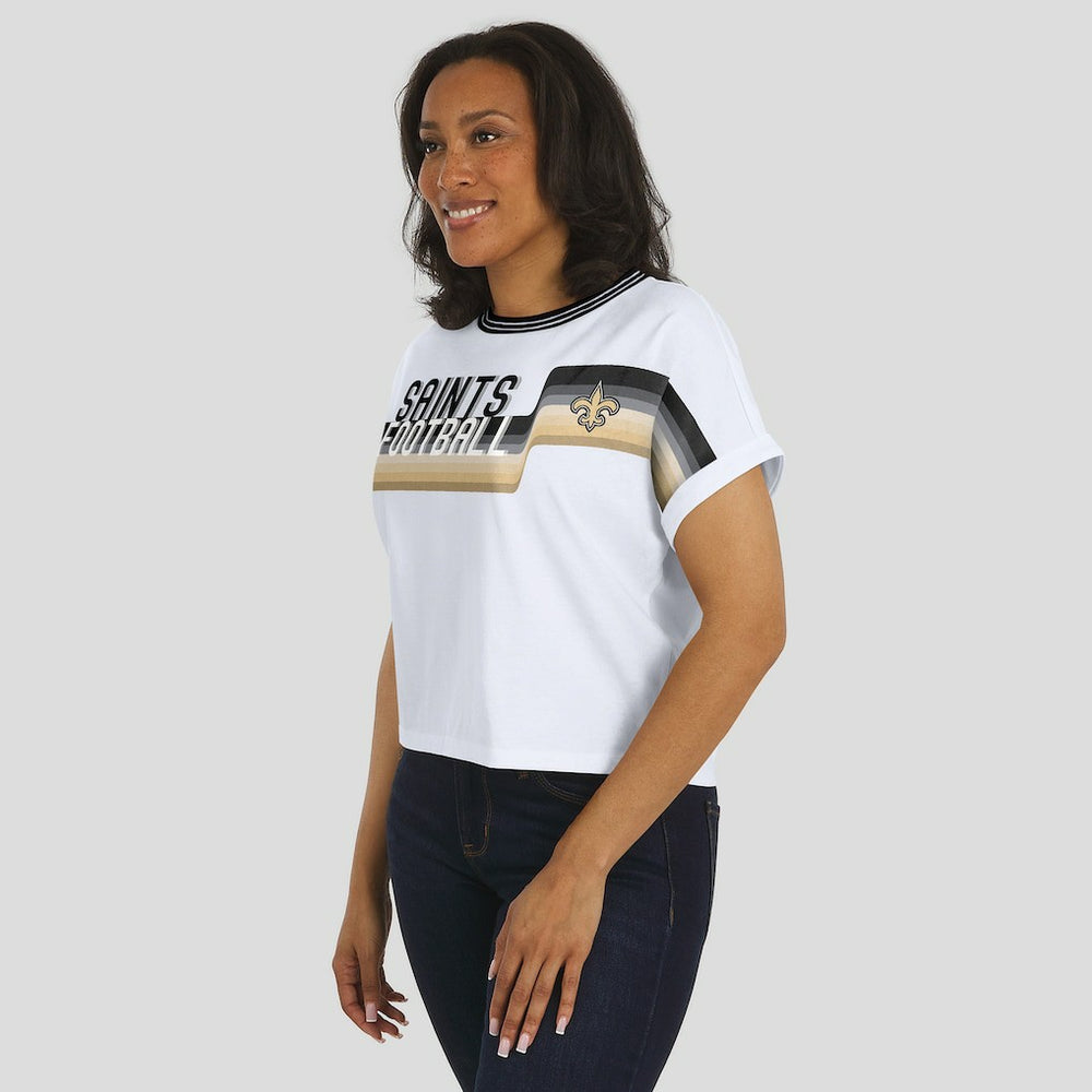 New Orleans Saints WEAR by Erin Andrews Women's Cropped Center Stripe Dolman T-Shirt - White discount