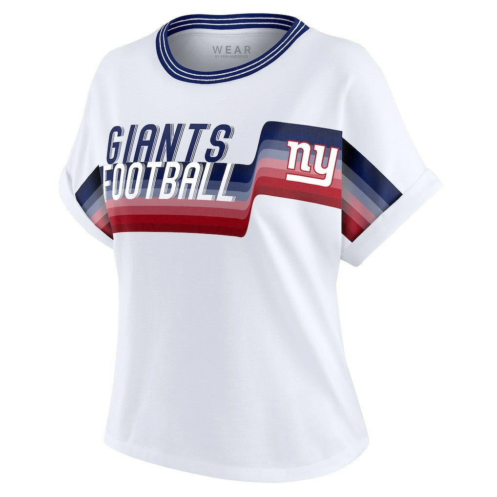 New York Giants WEAR by Erin Andrews Women's Cropped Center Stripe Dolman T-Shirt - White discount
