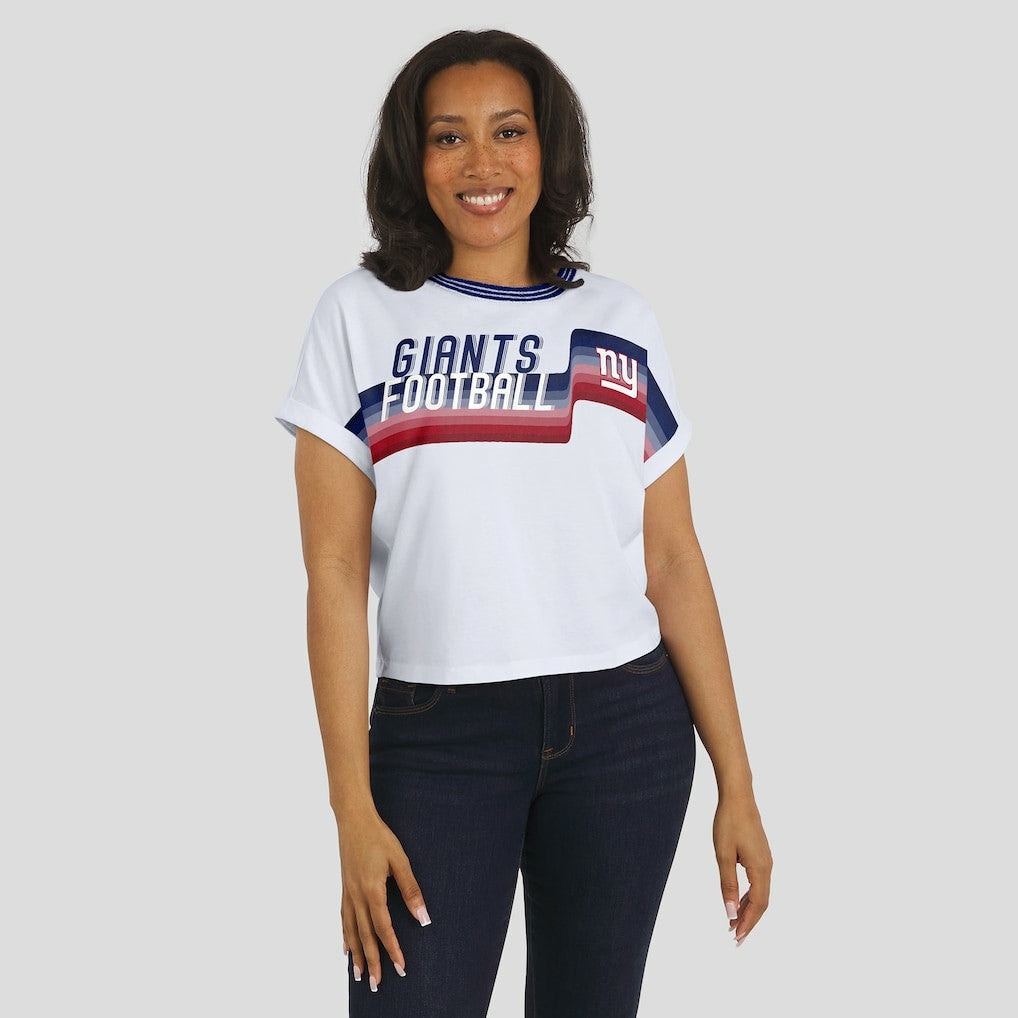New York Giants WEAR by Erin Andrews Women's Cropped Center Stripe Dolman T-Shirt - White discount