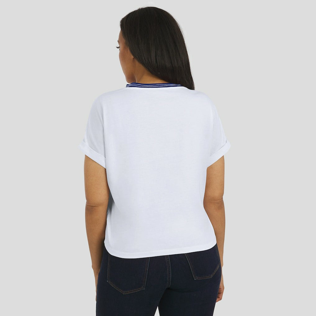 New York Giants WEAR by Erin Andrews Women's Cropped Center Stripe Dolman T-Shirt - White discount