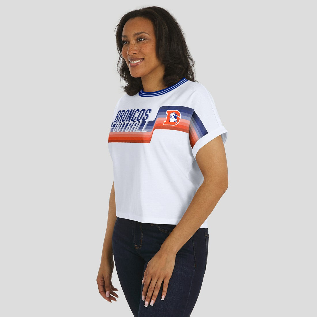 Denver Broncos WEAR by Erin Andrews Women's Cropped Center Stripe Dolman T-Shirt - White cheap