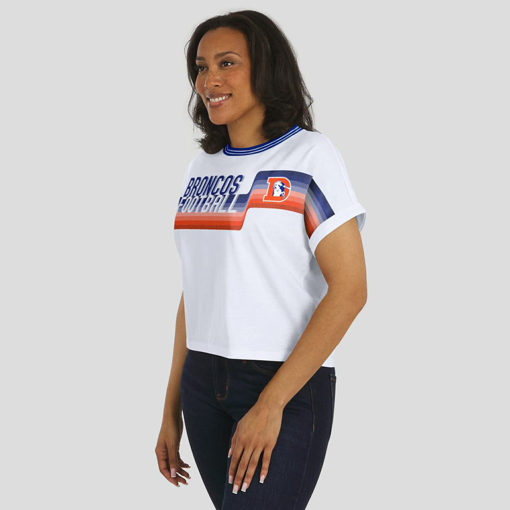 Denver Broncos WEAR by Erin Andrews Women's Cropped Center Stripe Dolman T-Shirt - White cheap