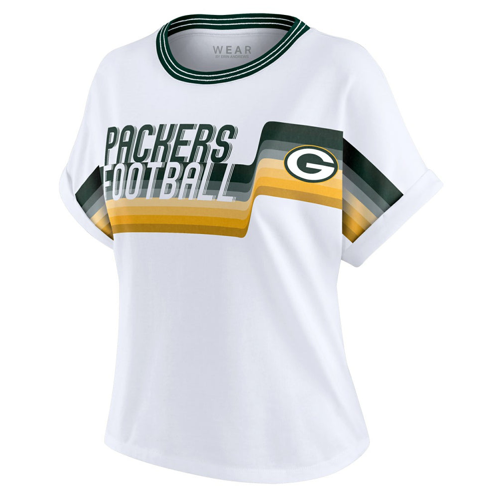 Green Bay Packers WEAR by Erin Andrews Women's Cropped Center Stripe Dolman T-Shirt - White for sale