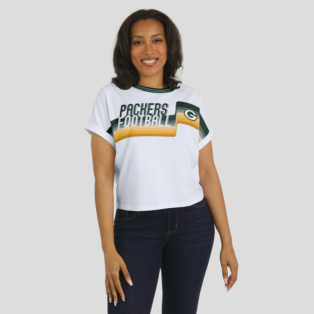 Green Bay Packers WEAR by Erin Andrews Women's Cropped Center Stripe Dolman T-Shirt - White for sale