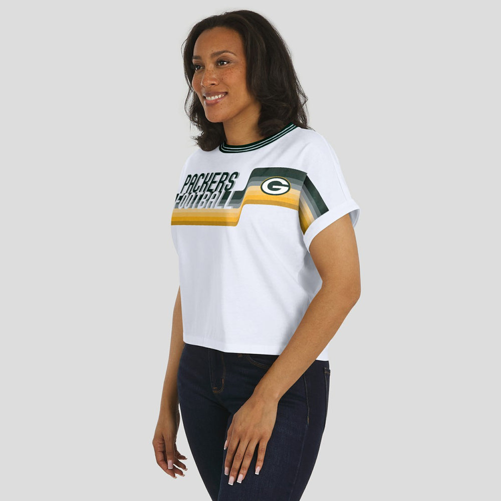 Green Bay Packers WEAR by Erin Andrews Women's Cropped Center Stripe Dolman T-Shirt - White for sale