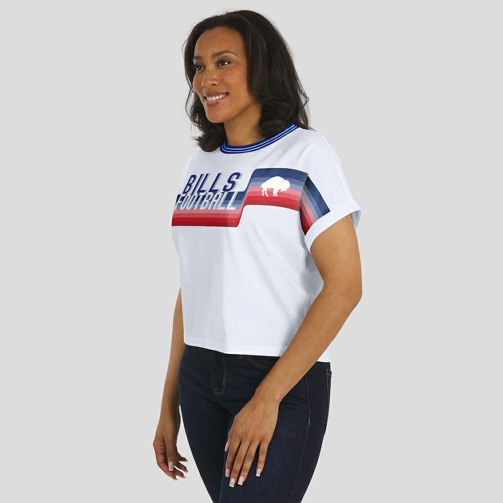 Buffalo Bills WEAR by Erin Andrews Women's Cropped Center Stripe Dolman T-Shirt - White for sale