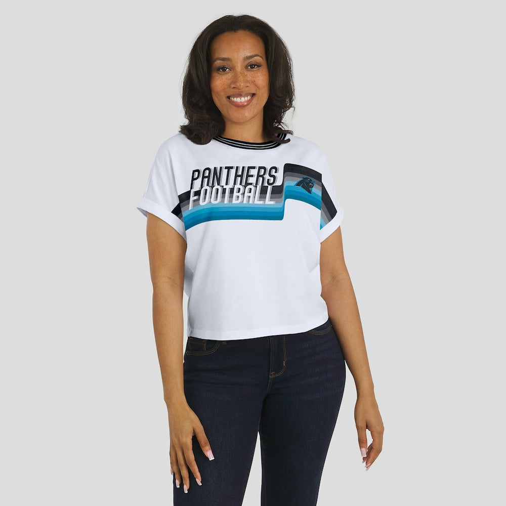 Carolina Panthers WEAR by Erin Andrews Women's Cropped Center Stripe Dolman T-Shirt - White discount