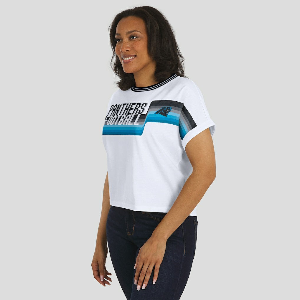 Carolina Panthers WEAR by Erin Andrews Women's Cropped Center Stripe Dolman T-Shirt - White discount