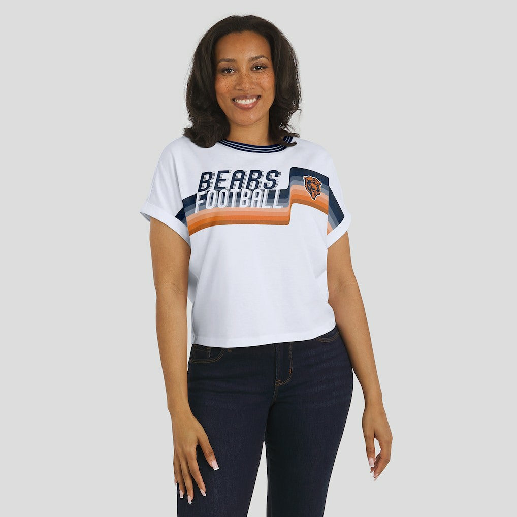 Chicago Bears WEAR by Erin Andrews Women's Cropped Center Stripe Dolman T-Shirt - White sale