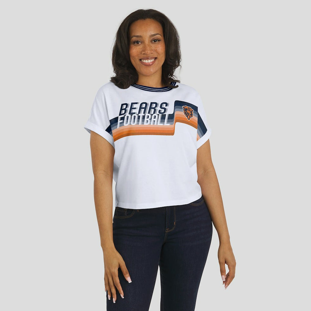 Chicago Bears WEAR by Erin Andrews Women's Cropped Center Stripe Dolman T-Shirt - White sale