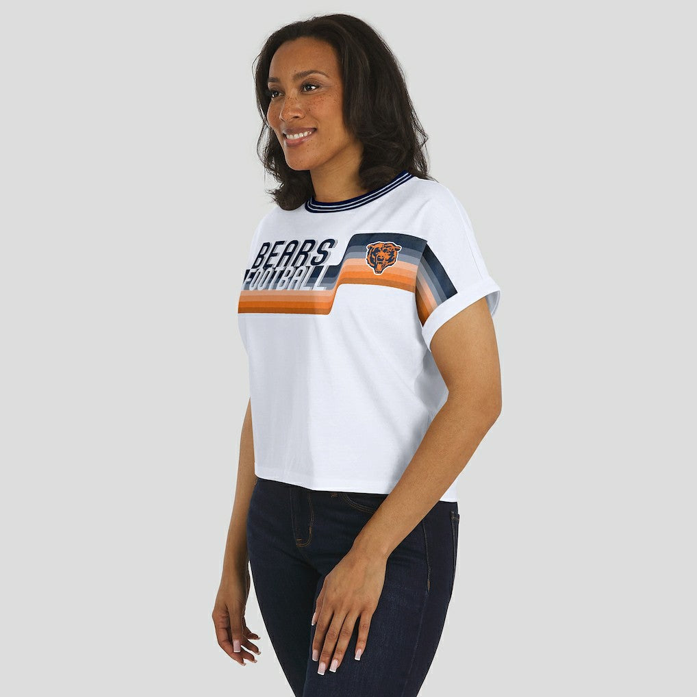 Chicago Bears WEAR by Erin Andrews Women's Cropped Center Stripe Dolman T-Shirt - White sale