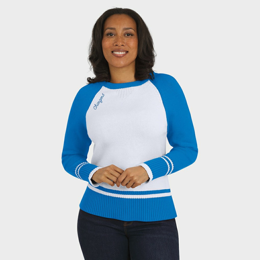 Los Angeles Chargers WEAR by Erin Andrews Women's Colorblock Raglan Sweater - White/Powder Blue for sale