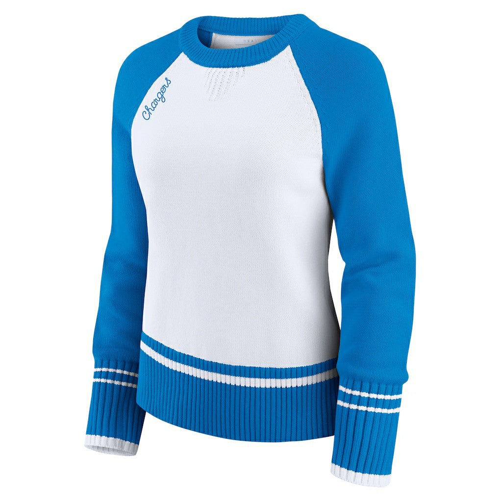 Los Angeles Chargers WEAR by Erin Andrews Women's Colorblock Raglan Sweater - White/Powder Blue for sale