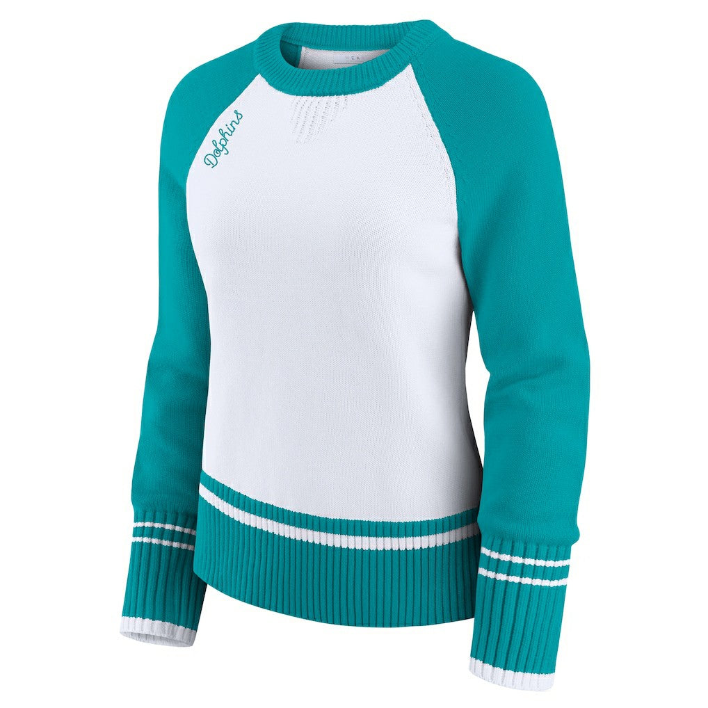 Miami Dolphins WEAR by Erin Andrews Women's Colorblock Raglan Sweater - White/Aqua cheap