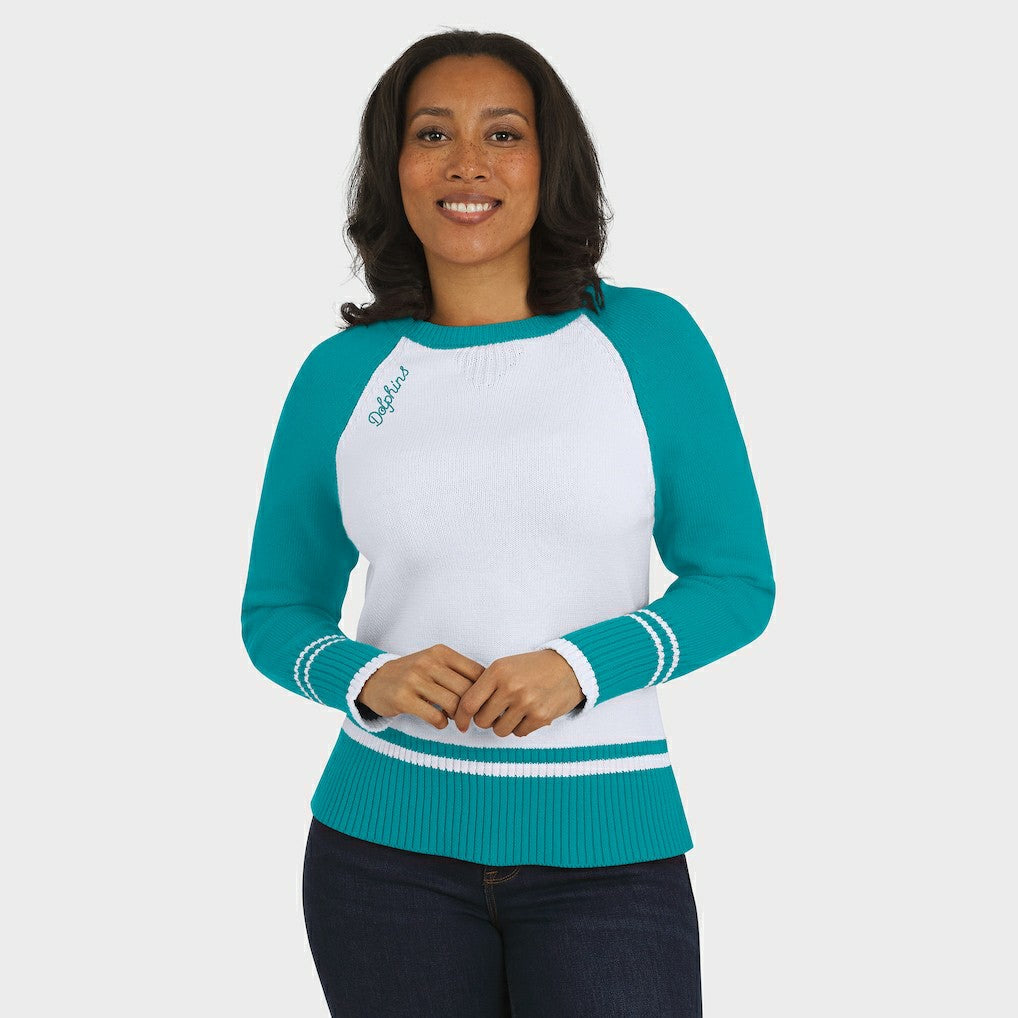 Miami Dolphins WEAR by Erin Andrews Women's Colorblock Raglan Sweater - White/Aqua cheap