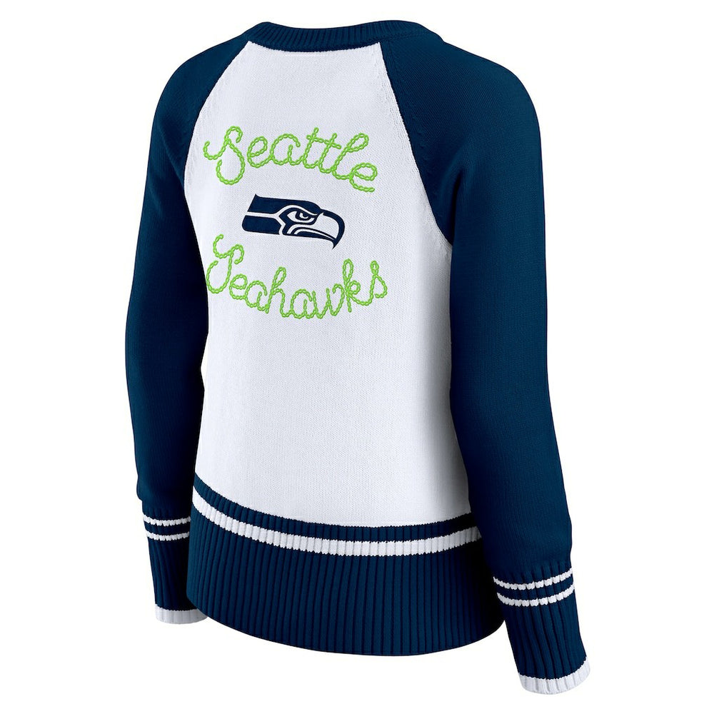 Seattle Seahawks WEAR by Erin Andrews Women's Colorblock Raglan Sweater - White/College Navy on sale