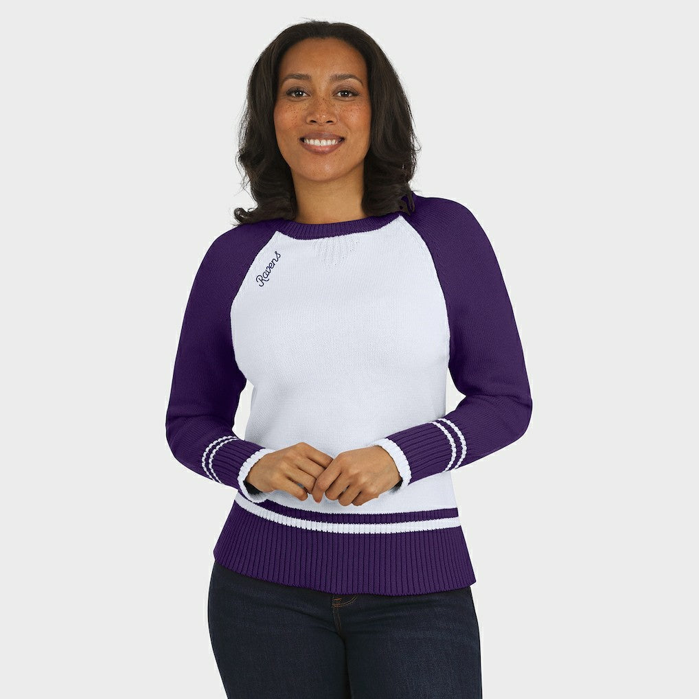 Baltimore Ravens WEAR by Erin Andrews Women's Colorblock Raglan Sweater - White/Purple on sale