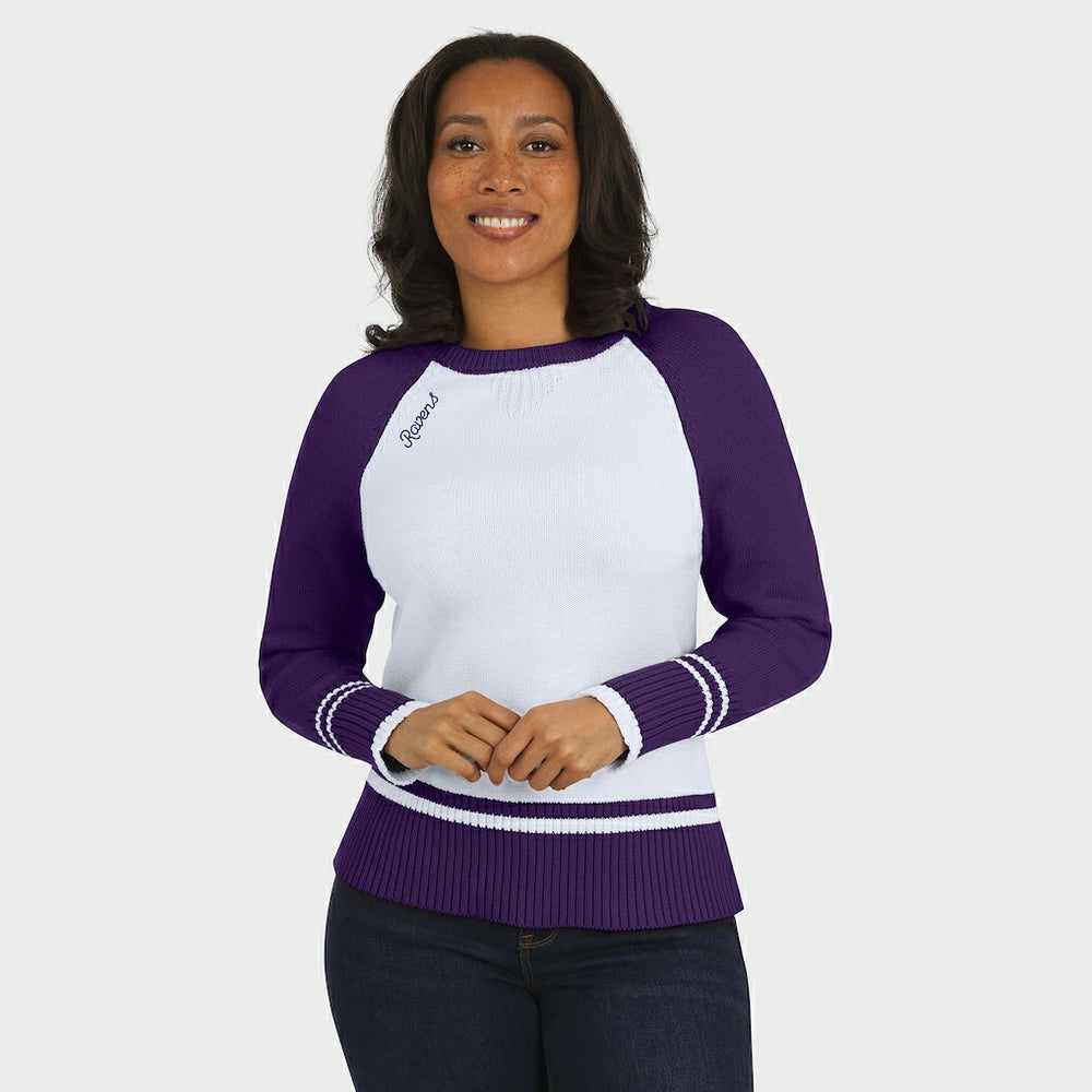 Baltimore Ravens WEAR by Erin Andrews Women's Colorblock Raglan Sweater - White/Purple on sale