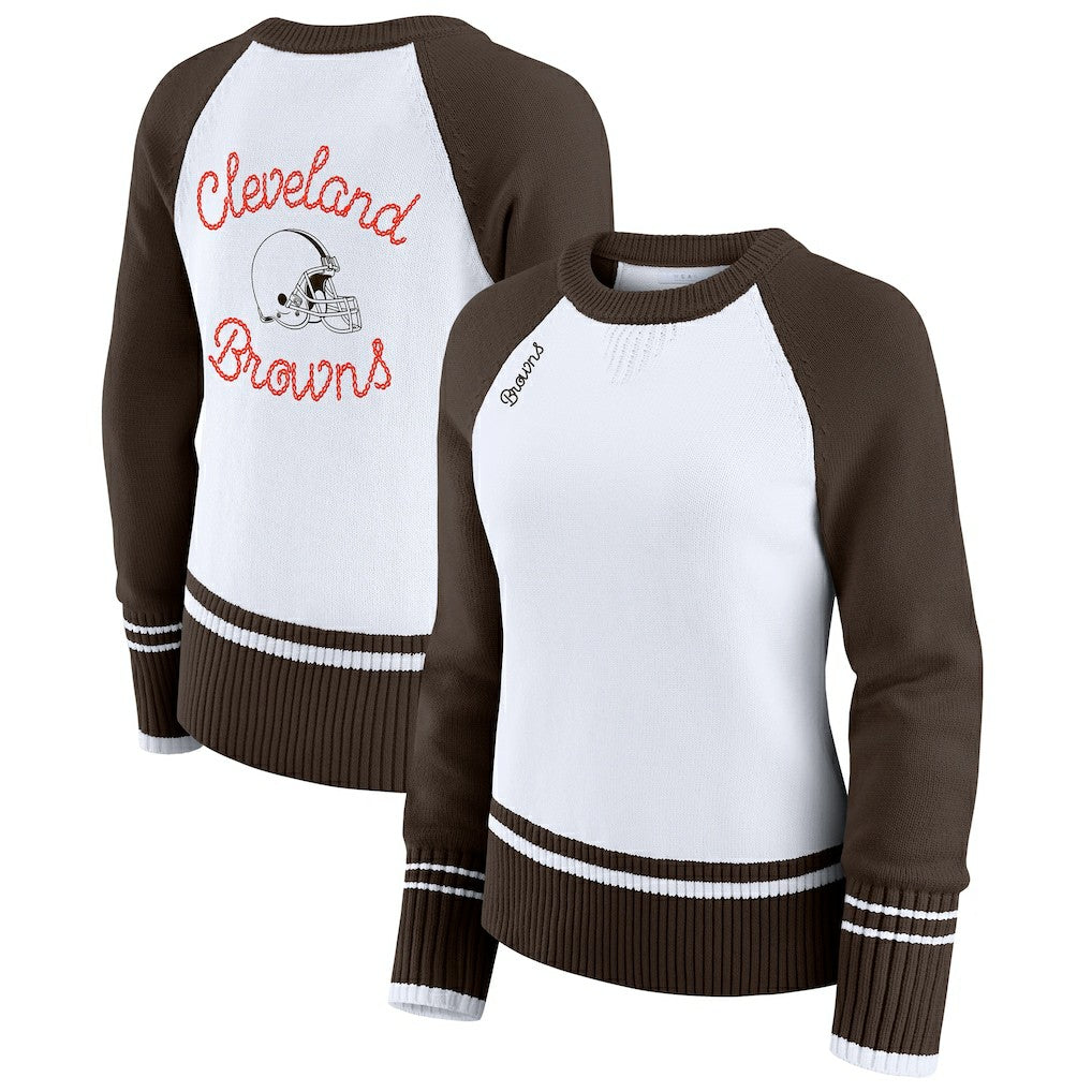 Cleveland Browns WEAR by Erin Andrews Women's Colorblock Raglan Sweater - White/Brown cheap
