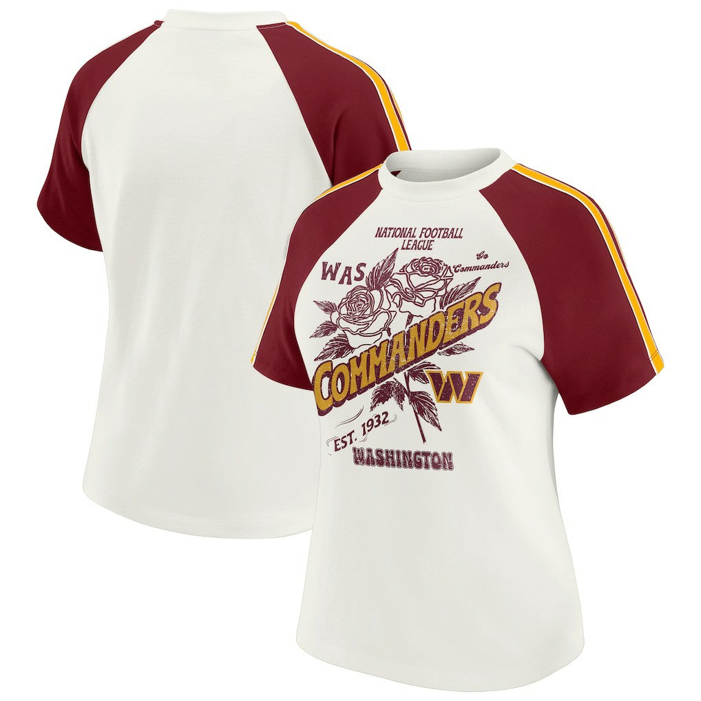 Washington Commanders WEAR by Erin Andrews Women's Sleeve Stripe Distressed Raglan T-Shirt - White for sale