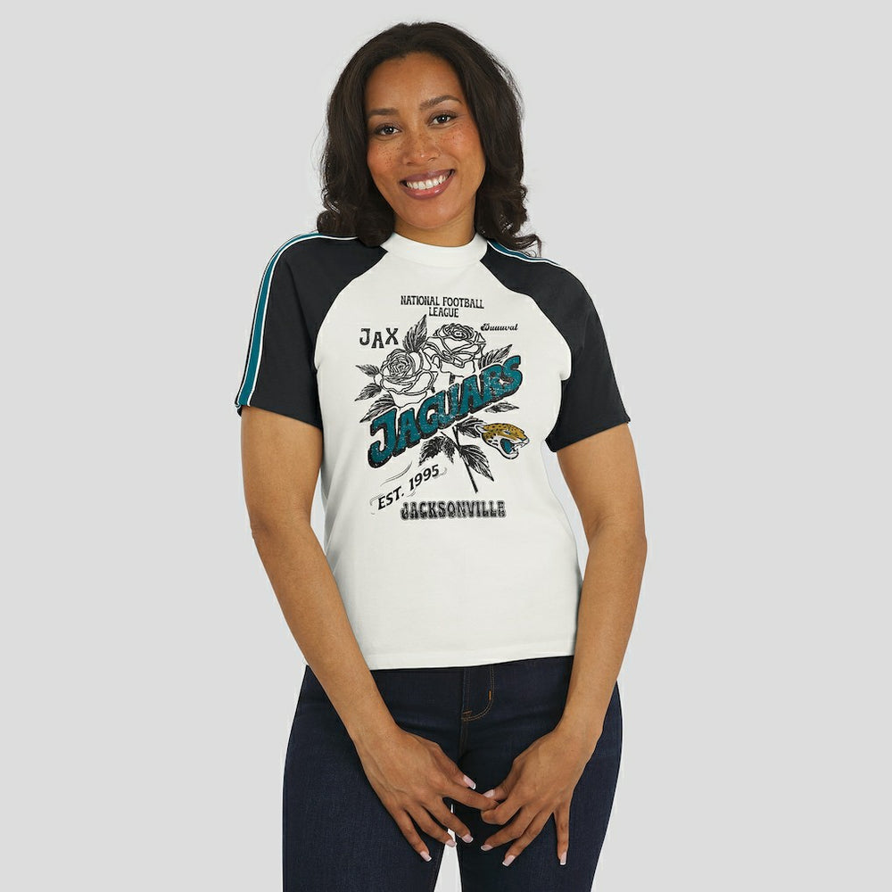 Jacksonville Jaguars WEAR by Erin Andrews Women's Sleeve Stripe Distressed Raglan T-Shirt - White discount