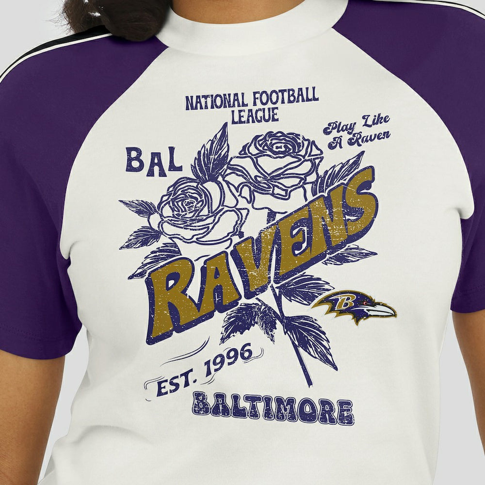 Baltimore Ravens WEAR by Erin Andrews Women's Sleeve Stripe Distressed Raglan T-Shirt - White discount