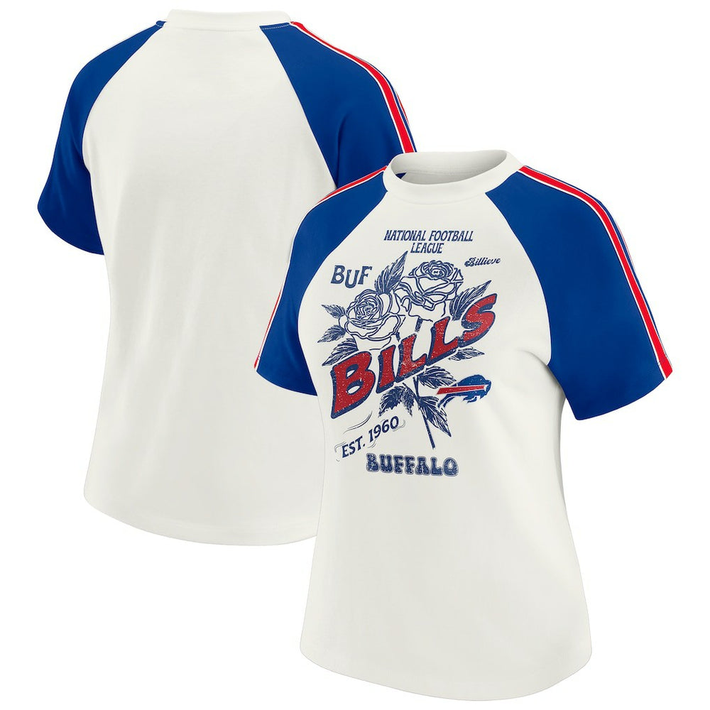 Buffalo Bills WEAR by Erin Andrews Women's Sleeve Stripe Distressed Raglan T-Shirt - White discount