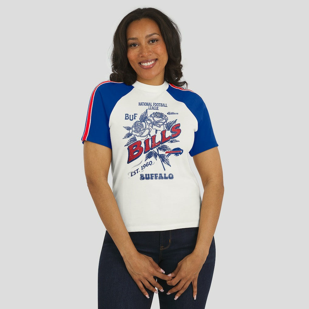 Buffalo Bills WEAR by Erin Andrews Women's Sleeve Stripe Distressed Raglan T-Shirt - White discount