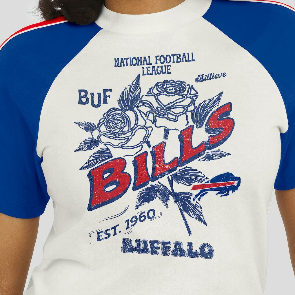 Buffalo Bills WEAR by Erin Andrews Women's Sleeve Stripe Distressed Raglan T-Shirt - White discount